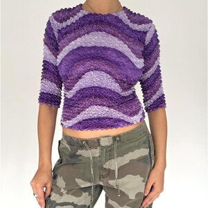 90s Y2K vintage purple abstract swirl print popcorn top cropped bubble blouse